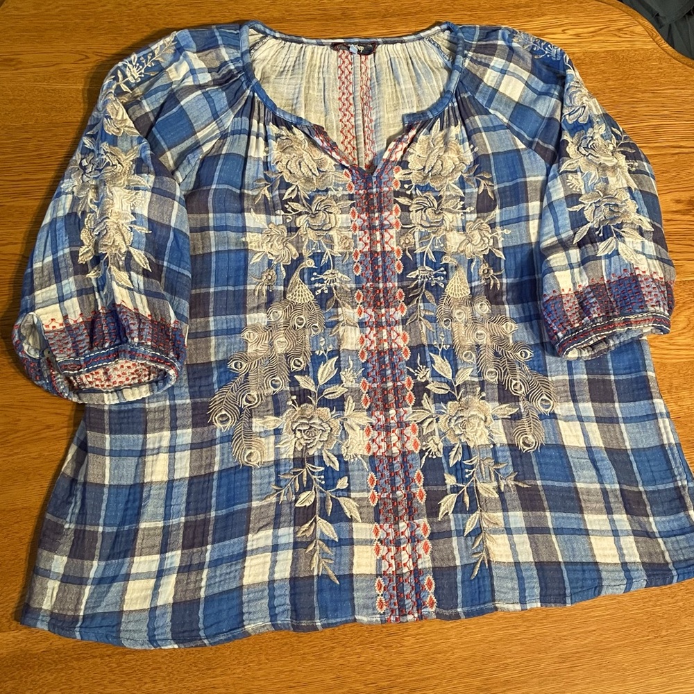 Blue Plaid Johnny Was Blouse